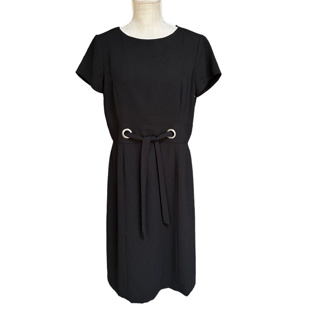 David Warren New York Womens Black Short Sleeve Sheath Tie Waist Midi Dress Sz10